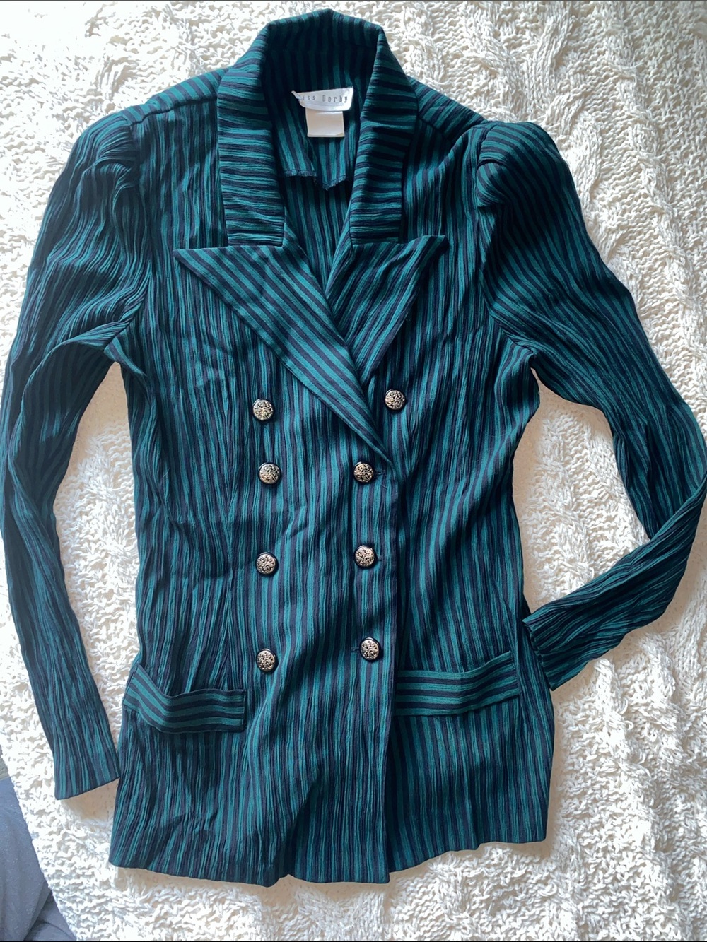 Miss Dorby Vintage Womens Green & Black Striped Double-Breasted Blazer